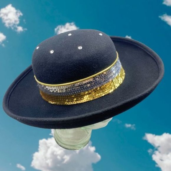 Vintage Sonni San Francisco Black Wool Wide Brim Bowler Hat display picture 2